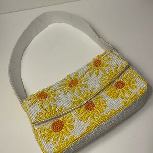 White Beaded Shoulder Bag with Yellow Daisy Embroidery